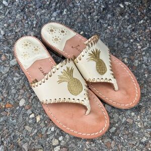 Jack Rogers Pineapple Flat Sandals Womens Size 6.5 Brown White Gold Slide Flops